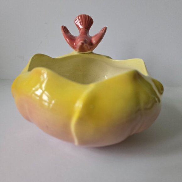 Vintage Royal Copley Yellow & Pink Ceramic Planter Bowl With Bird Accent - Picture 10 of 16